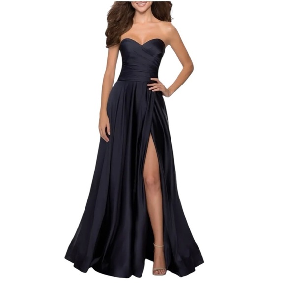 La Femme Strapless Slit Satin Ballgown Formal Strapless Gown Sweetheart - Picture 1 of 9